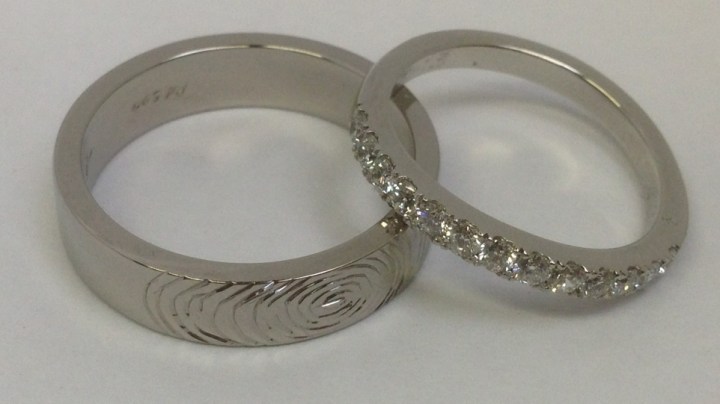 Palladium with fingerprint detail, platinum with scallop set diamonds